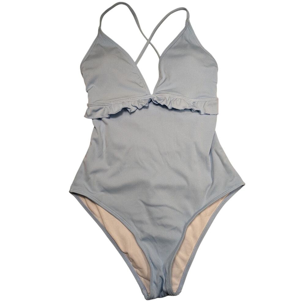 Amazon Swimwear Women's 0XL Baby‎ Blue One Piece Ruffle Adjustable NWOT